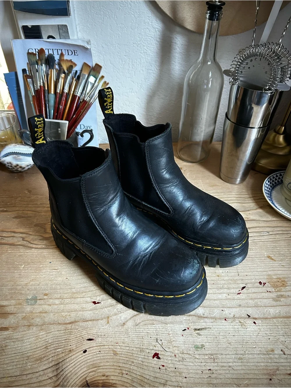 Dr. Martens Black Leather Chelsea Boots with Yellow Welt Stitching